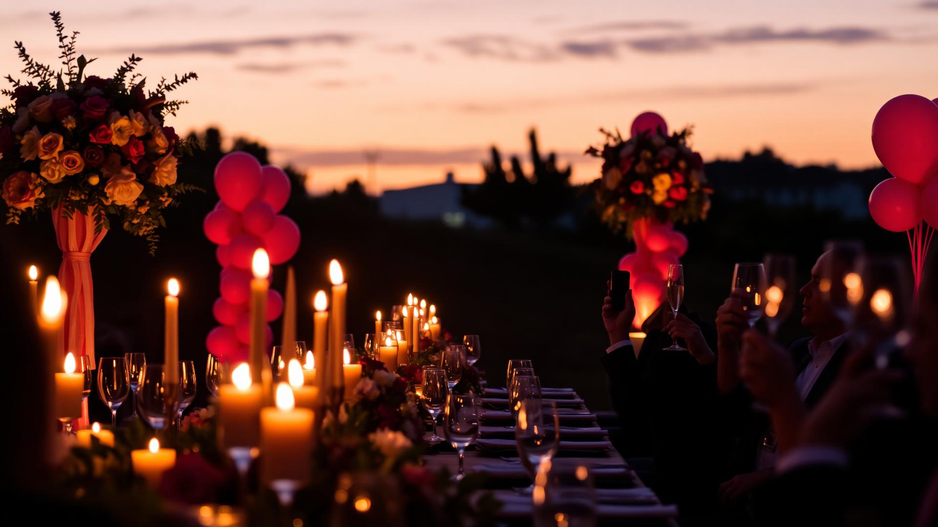 Candlelit celebration table with florals and balloons at dusk
