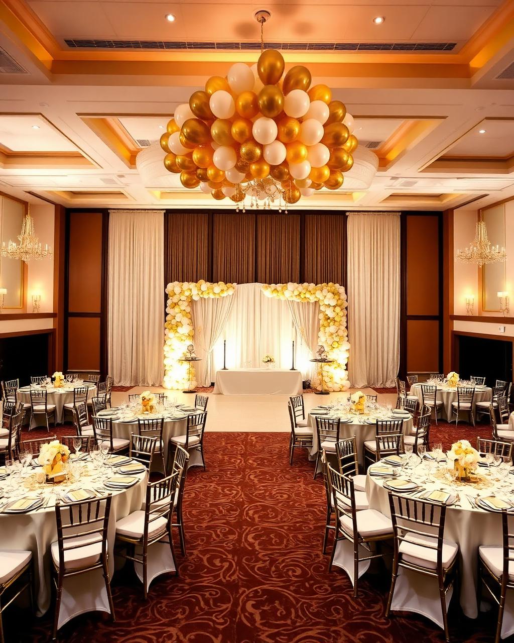 Fully decorated ballroom with balloon installation, draped backdrop and styled guest tables